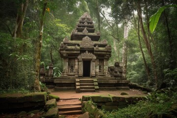 humble stone hindu temple, surrounded by lush greenery and peaceful atmosphere, created with generative ai