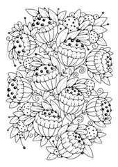 Floral background for coloring, coloring page for children and adults. Vector background with flowers for drawing.