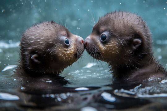 baby otters floating in the ocean, holding hands and looking into each other's eyes, created with generative ai