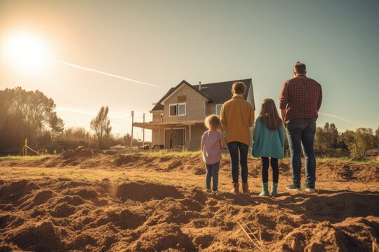 Couple with children looking at their new home. Concept about the acquisition of housing and the construction of a home for the family. Created with generative AI
