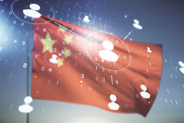 Abstract virtual social network hologram on Chinese flag and blue sky background. Double exposure