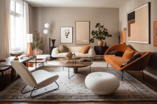 a room with an asymmetrical layout, filled with balanced and harmonious furnishings, created with generative ai