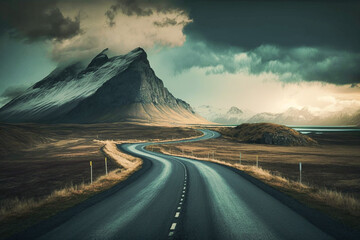 road to the mountains, landscape view, generative ai