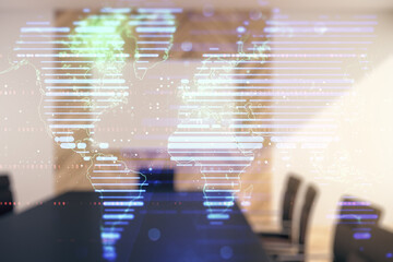 Multi exposure of abstract creative digital world map hologram on a modern meeting room background, research and analytics concept