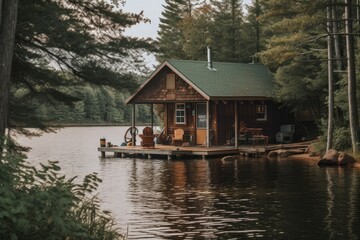 Fototapeta premium cozy cabin on the lake, with fishing and swimming gear visible in the background, created with generative ai