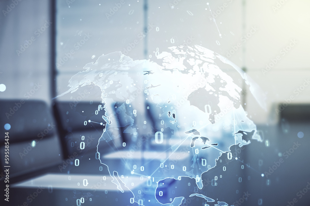Aufkleber double exposure of abstract creative programming illustration and world map on a modern boardroom ba