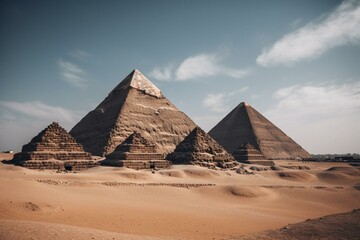 Fototapeta na wymiar Egyptian pyramids in Giza against a blue sky. Generative AI