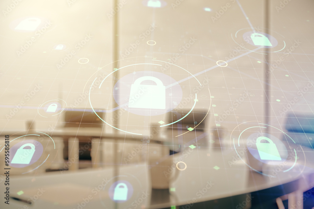 Poster virtual creative lock sketch with chip hologram on a modern boardroom background, protection of pers
