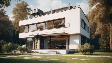 Fototapeta premium Bauhaus exterior house design in daytime golden hour generatove ai