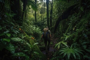 outdoorsman trekking through jungle, surrounded by lush greenery, created with generative ai