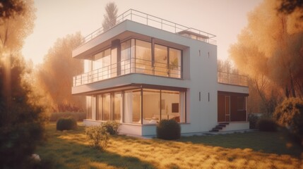 Bauhaus exterior house design in daytime golden hour generatove ai