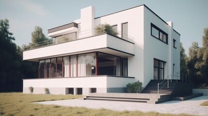 Fototapeta na wymiar Bauhaus exterior house design in daytime golden hour generatove ai