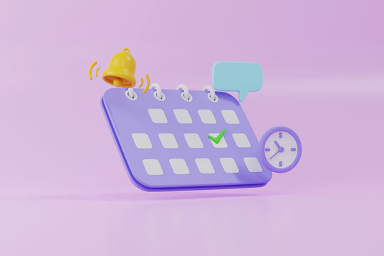 3D Business management planning and schedule concept, Calender with clock ans clock with speech, 3D render illustration