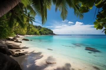 Obraz na płótnie Canvas lush tropical beach scene, with palm trees and warm blue waters, created with generative ai