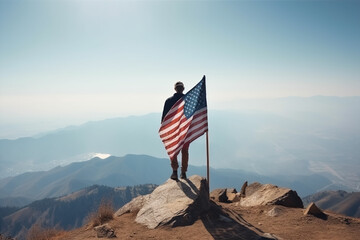 A man on top of a mountain holding a american flag,  generative AI - obrazy, fototapety, plakaty