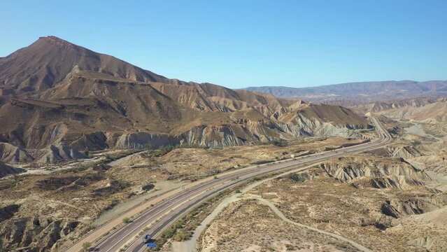Road traffic at Tabernas Desert, Almeria, Spain