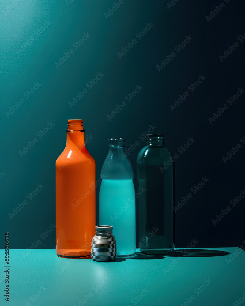 Aufkleber three different colored bottles sitting on a table. ai generative image