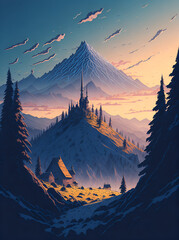 Cartoon Carpathian Mountains landscape. AI generated illustration