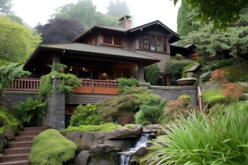 classic craftsman house surrounded by lush greenery, with waterfall visible in the background, created with generative ai