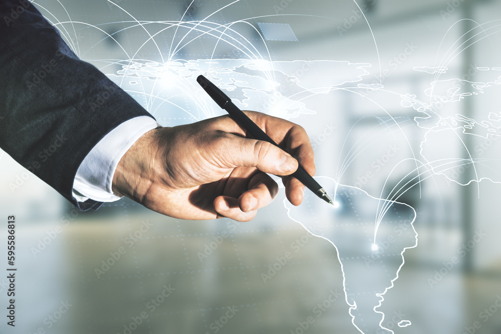 Poster double exposure of man hand with pen working with abstract digital world map hologram with connectio