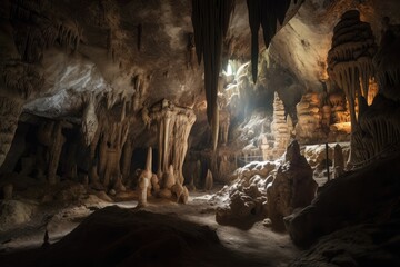 Obraz premium cave with intricate stalagmites and stalactites, some reaching the floor or ceiling, created with generative ai