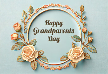 Happy Grandparents Day round frame shape Embroidery frame with beige rose flower. Generative Ai