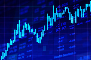 Rising stock market chart on dark background against the backdrop of stock quotes