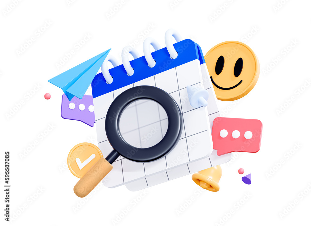 Poster 3d notebook with magnifier. business management and marketing. search for files and content in datab