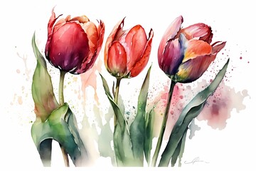 Beautiful tulip flower, tulips in bloom, red color. Watercolor illustration, drawing isolated on white background. Generative Ai.