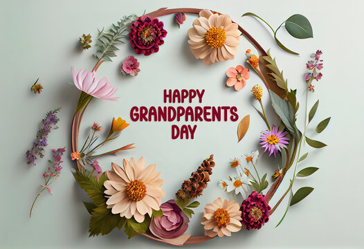 Happy Grandparents Day round frame shape Flower wreath frame made of flowers and leaves. Generative Ai