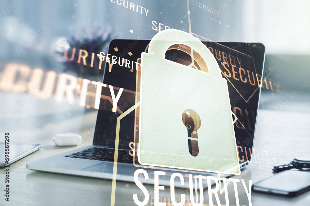 Poster creative idea concept with lock symbol and microcircuit illustration on modern laptop background. pr