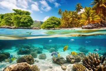 tropical beach, with colorful fish swimming amongst the coral and tropical plants, created with generative ai