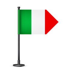 Realistic Italian table flag on a black steel pole. Souvenir from Italy. Desk flag made of paper or fabric and shiny metal stand. Mockup for promotion and advertising. Vector illustration
