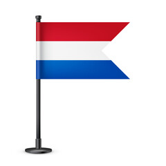 Realistic Dutch table flag on a black steel pole. Souvenir from Netherlands. Desk flag made of paper or fabric and shiny metal stand. Mockup for promotion and advertising. Vector illustration