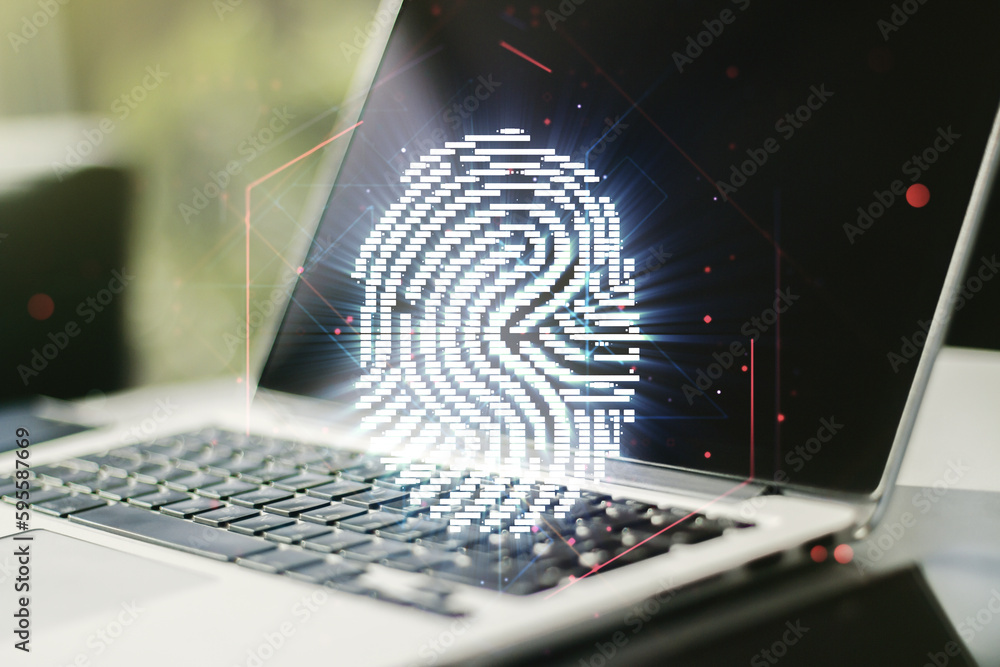 Poster double exposure of abstract creative fingerprint hologram on computer background, protection of pers