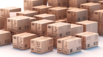 Warehouse with cardboard boxes inside on pallets racks, logistic center. Huge, large modern warehouse. Warehouse filled with cardboard boxes on shelves, boxes stand on pallets, 3D Illustration