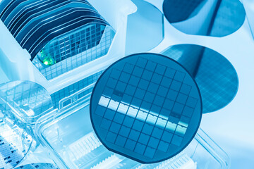silicon wafer semiconductor with neon color, integrated circuits to manufacture CPU and GPU