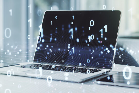 Creative concept of binary code illustration on modern laptop background. Big data and coding concept. Multiexposure