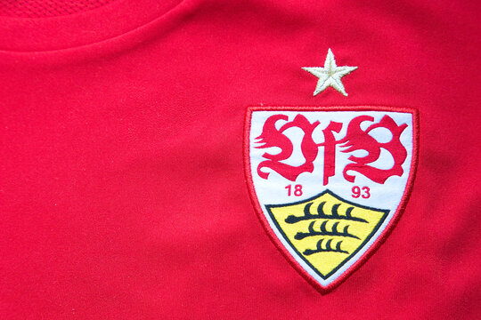 Uhingen, Baden-Württemberg, Germany - 23 April 2023:VfB Stuttgart club emblem on a red jersey.