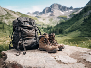 A backpack and hiking boots at the entrance of a scenic mountain trail.