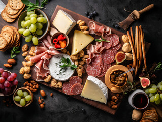 A top-down shot of a beautifully arranged charcuterie board with a variety of meats, cheeses, and crackers. - obrazy, fototapety, plakaty
