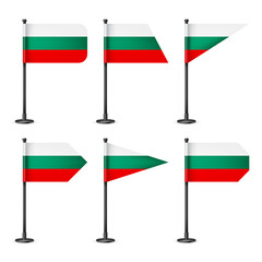 Bulgarian table flags on a black steel pole. Souvenir from Bulgaria. Desk flag made of paper or fabric, shiny metal stand. Mockup for promotion and advertising. Vector illustration