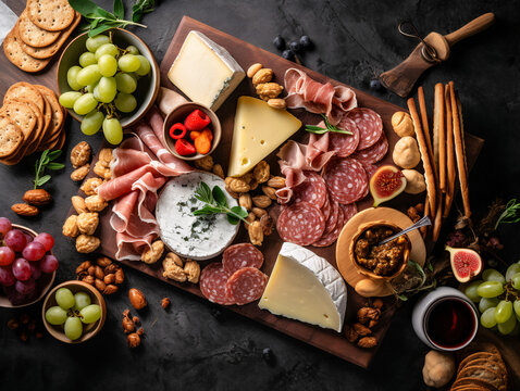 A top-down shot of a beautifully arranged charcuterie board with a variety of meats, cheeses, and crackers.