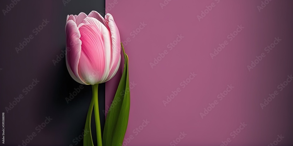 Poster one pink tulip in a copy space; a gorgeous bloom. generative ai