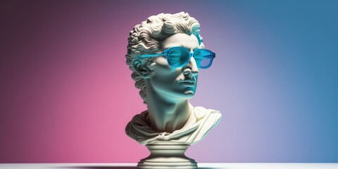antique white bust in colored glasses on a plain empty background