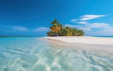 Tropical palm beach island with white sand beach and clear blue sky - obrazy, fototapety, plakaty