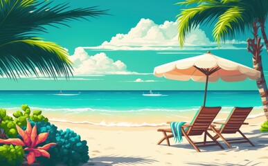 Fototapeta na wymiar Tropical beach with ocean background banner, parasol and lounge chairs