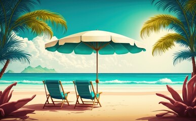 Tropical beach with ocean background banner, parasol and lounge chairs