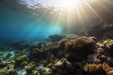 Fototapeta na wymiar tropical reef, teeming with aquatic life and illuminated by bright sunlight, created with generative ai