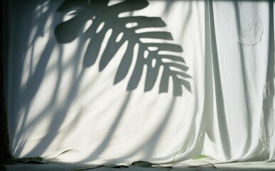 Shadow of tropical leaves and curtains window on plaster wal